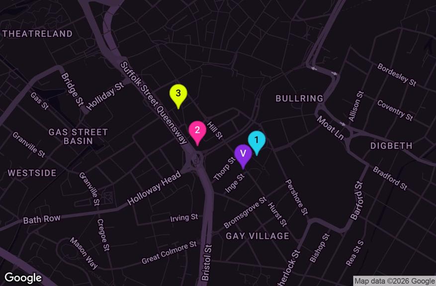 Map of central Birmingham showing the three hotels around the Gay Village — the ibis by the Hippodrome, the Radisson Blu at Holloway Circus, and easyHotel on John Bright Street, all within about five minutes' walk of Hurst Street.