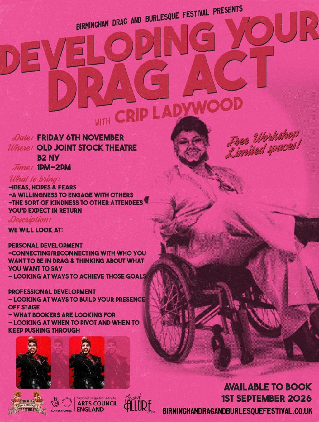 Developing Your Drag Act with Crip Ladywood — Birmingham Drag & Burlesque Festival poster