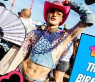 A performer with a fan and pink cowboy hat on the Birmingham Pride parade