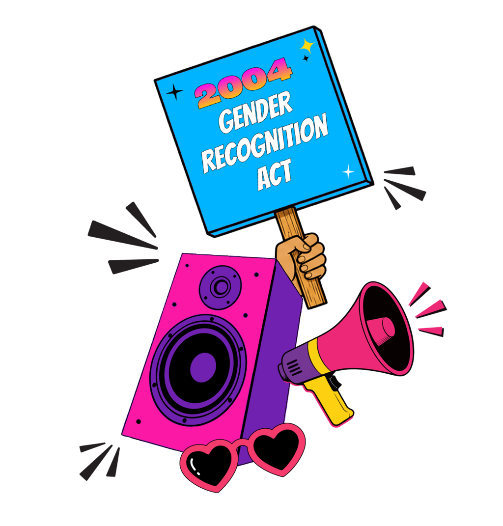 Birmingham Pride 2027 campaign illustration — a raised placard reading 2004 Gender Recognition Act